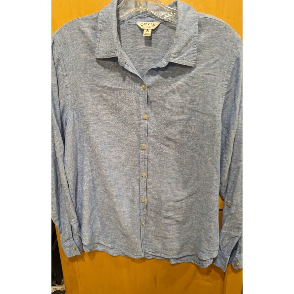 Orvis Shirt Adult‎ Medium  Blue Button Up Linen Blend Fishing Outdoor Women's